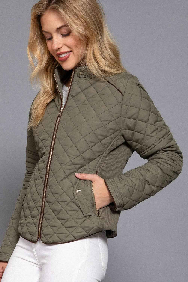Suede Piping Detail Rib Quilted Padding Jacket : OLV-olive oil / M