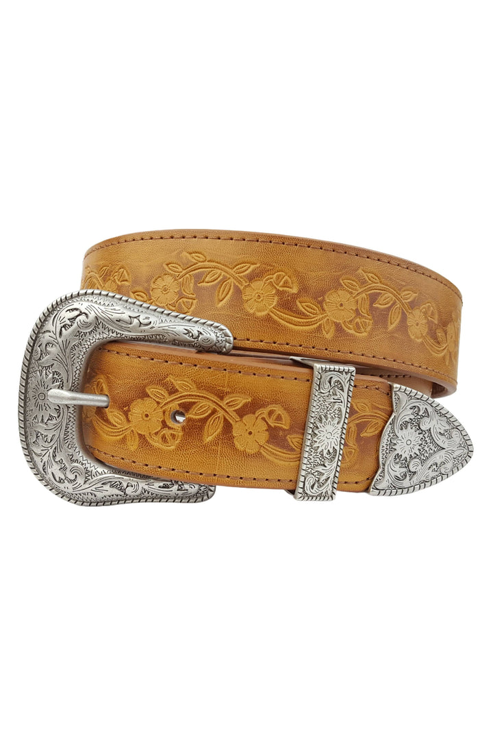 Silver Western Buckle Set with Vintage Hand Painted Tooled Belt, Tan