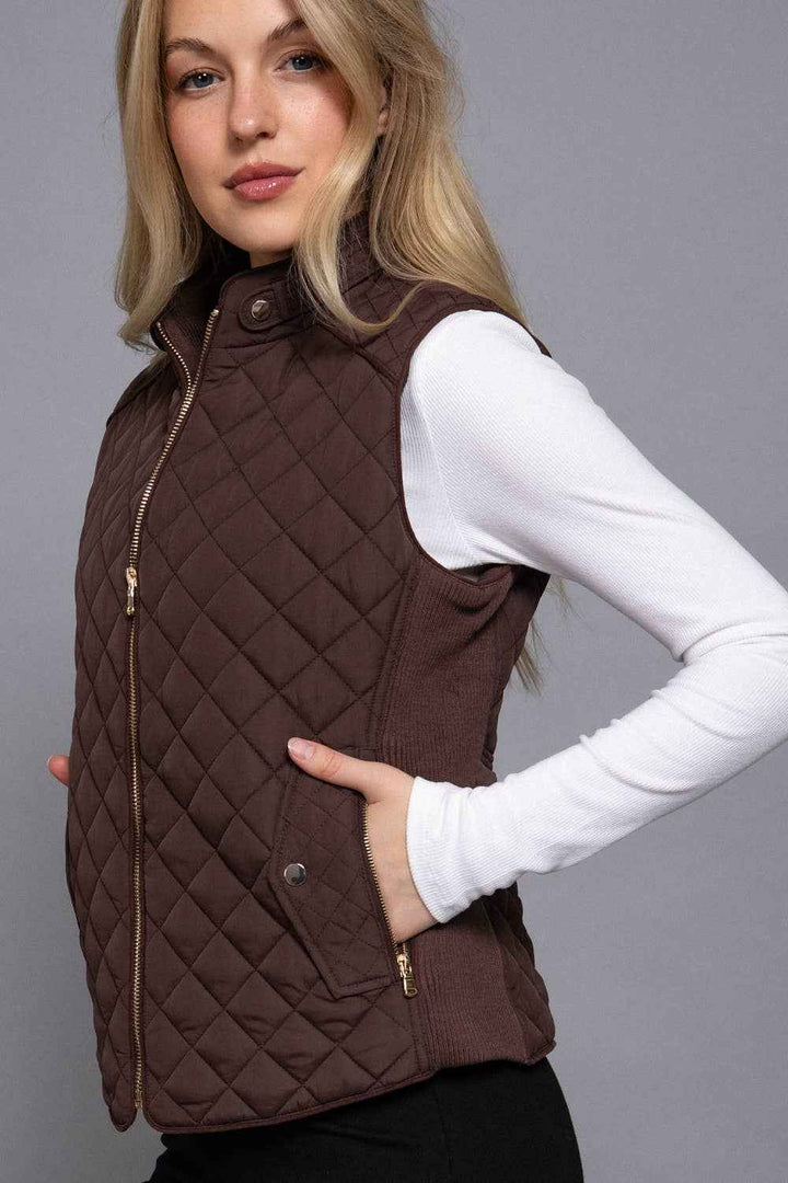 Suede Piping Detail Rib Quilted Padding Vest: BRN-chocolate / L