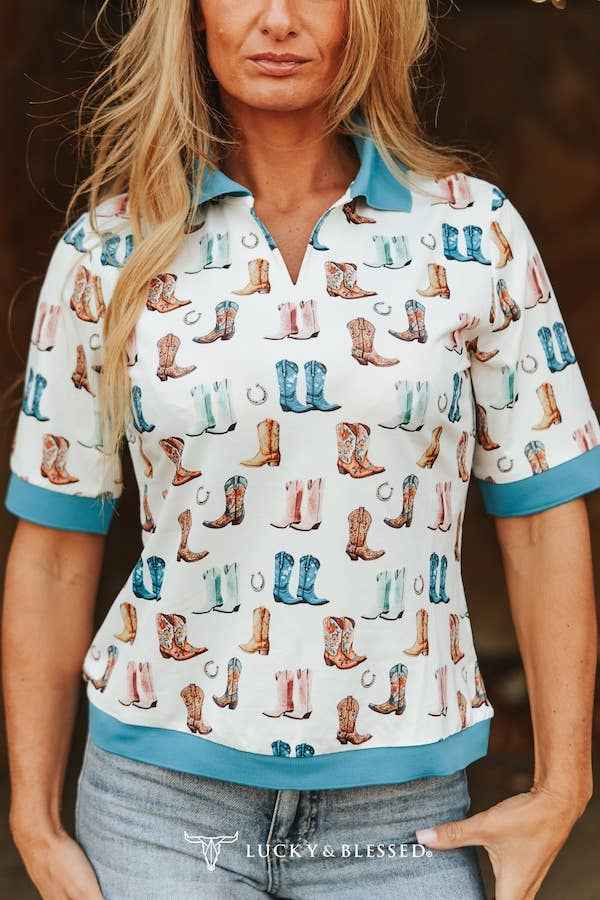 Western Boots Printed Collared Shirt: S