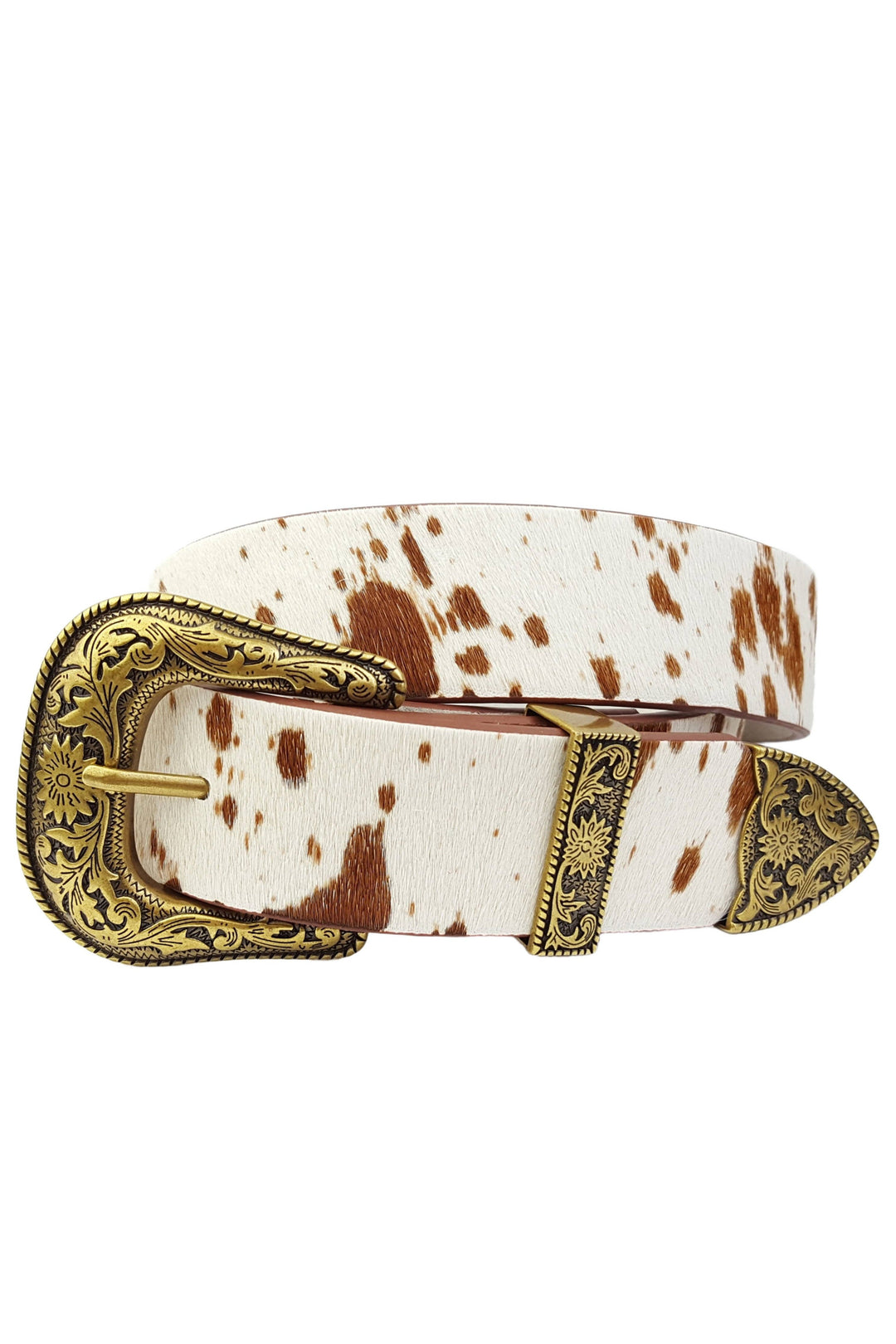 Genuine Brown Cow Hair Leather Belt, Brass Buckle