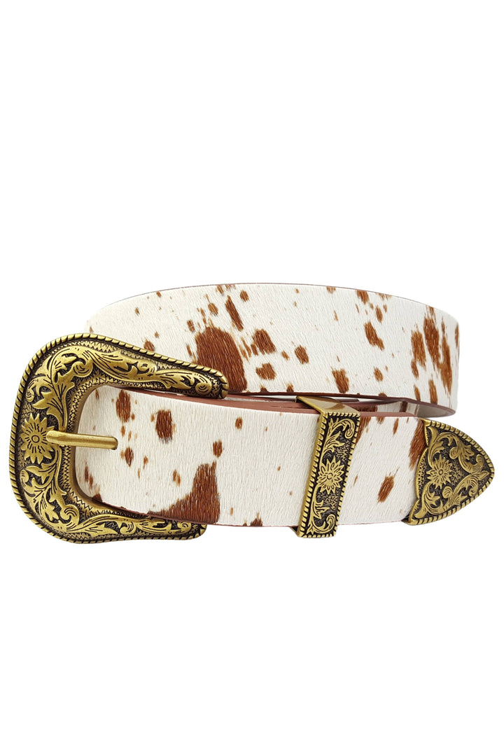 Genuine Brown Cow Hair Leather Belt, Brass Buckle