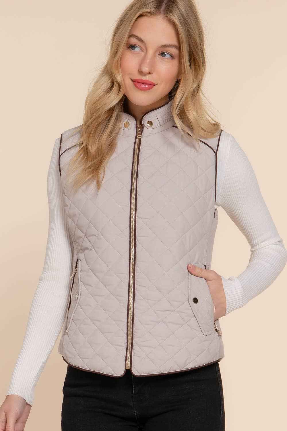 Suede Piping Detail Rib Quilted Padding Vest: TPE-pale taupe / M