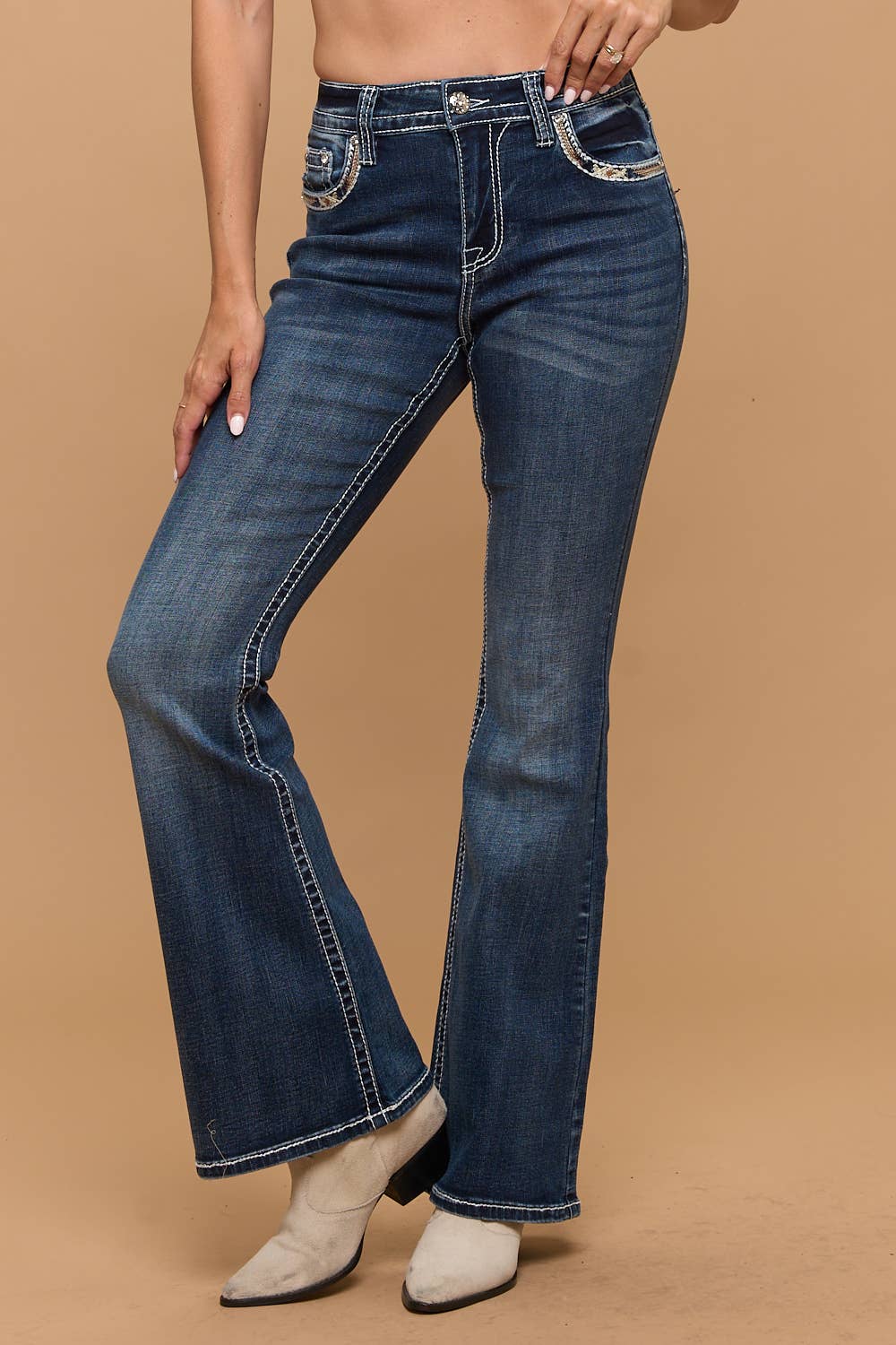 Westfield Eagle Flare Cut Western Detail Jeans - Dark Sand Wash