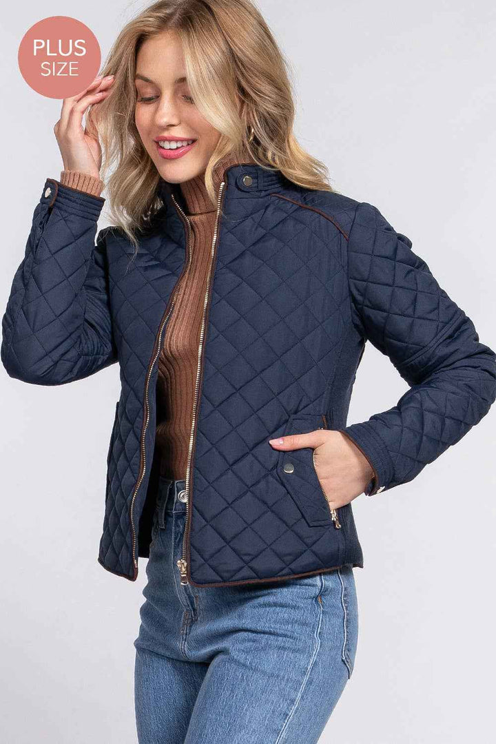 Quilted Jacket with Suede Piping - Caramel