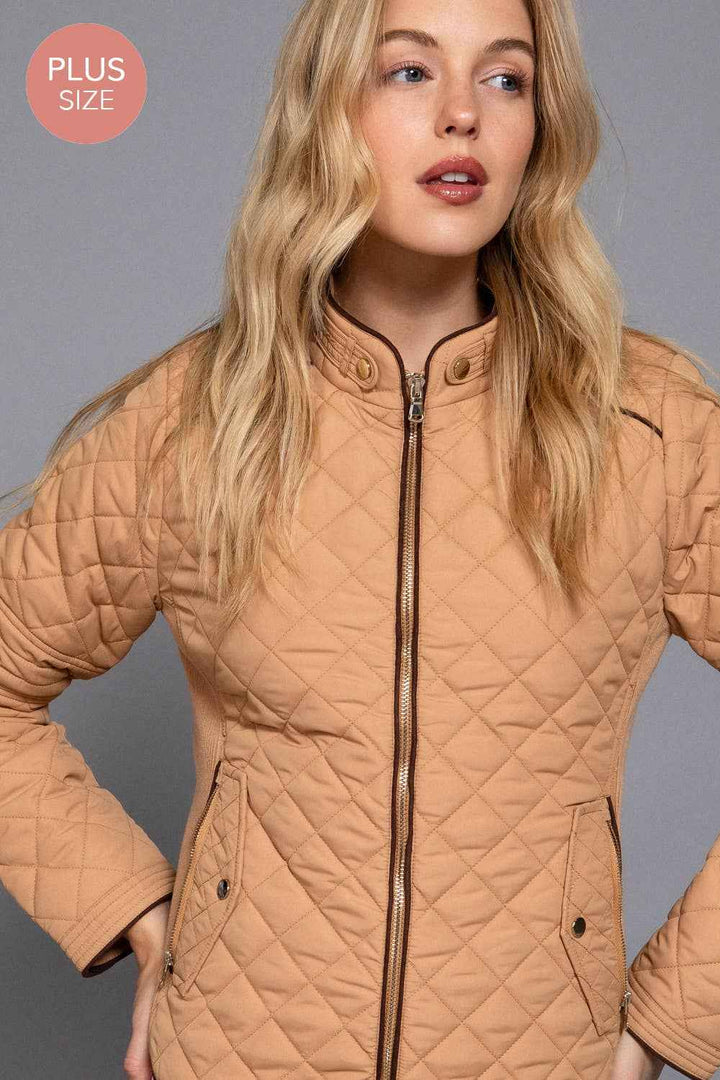 Quilted Jacket with Suede Piping - Caramel