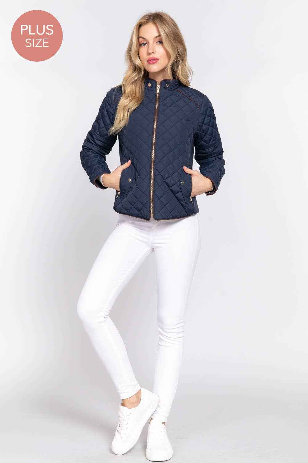 Quilted Jacket with Suede Piping - Caramel