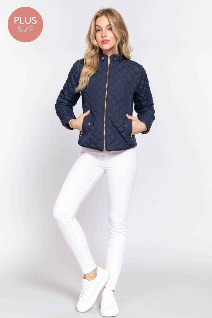 Quilted Jacket with Suede Piping - Caramel