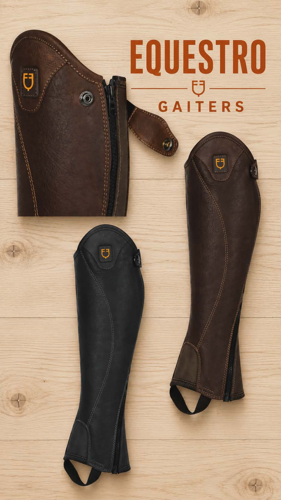 Equestro Unisex soft leather gaiters with side zip