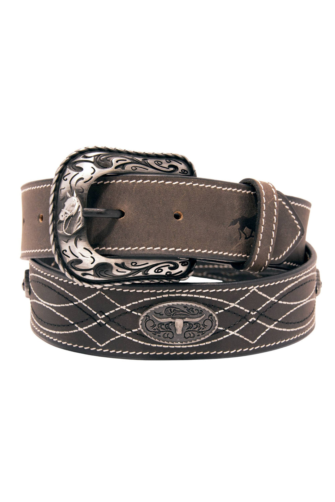 Stitched Concho Top Grain Leather Belt