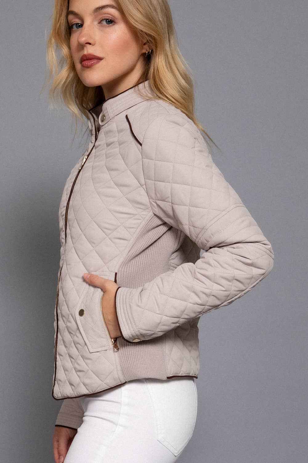 Suede Piping Detail Rib Quilted Padding Jacket : TPE-PALE TAUPE / L