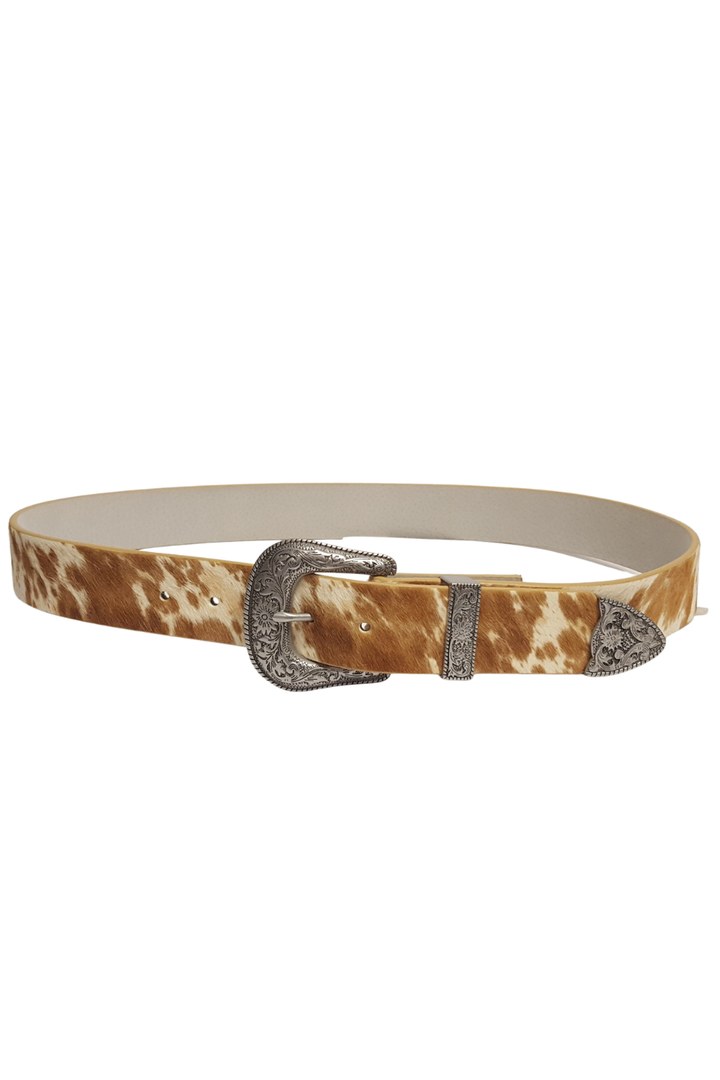 Genuine Brown Cow Hair Leather Belt, Brass Buckle