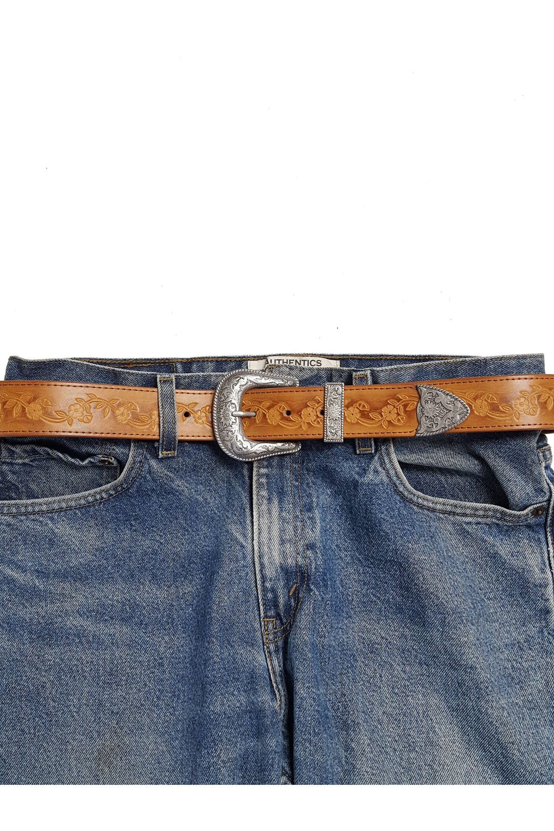 Silver Western Buckle Set with Vintage Hand Painted Tooled Belt, Tan