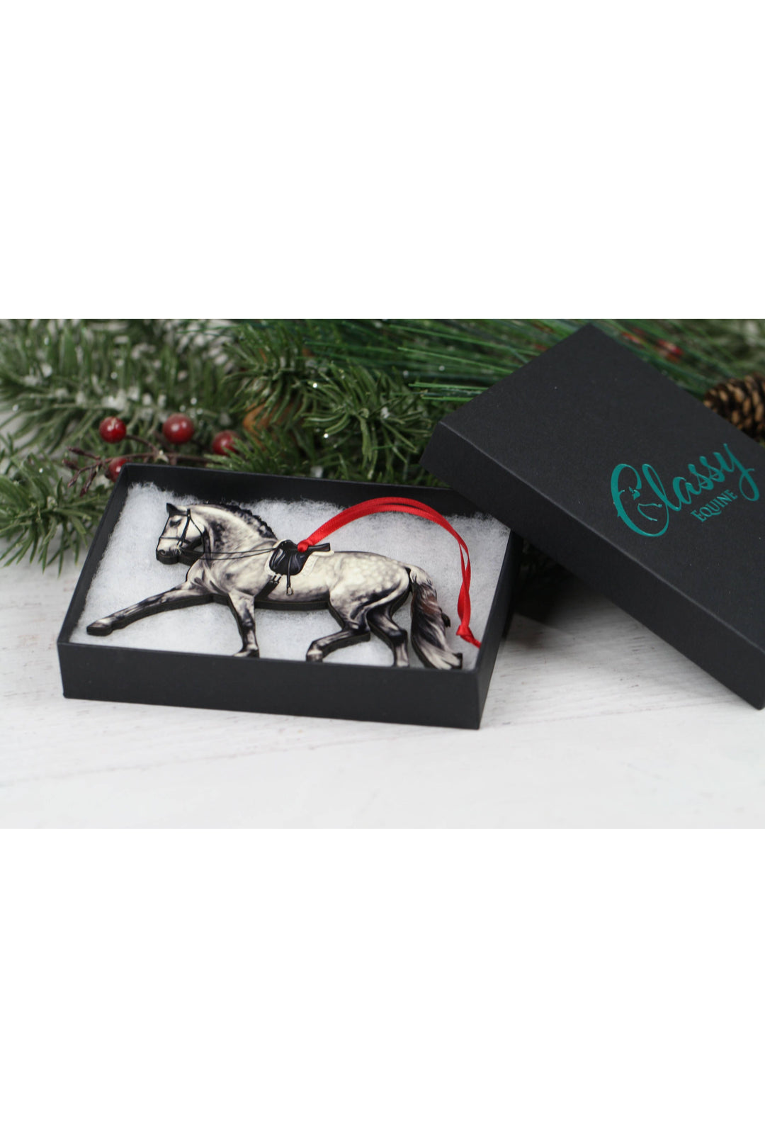Dressage Horse Ornament - Dapple Gray Extended Trot