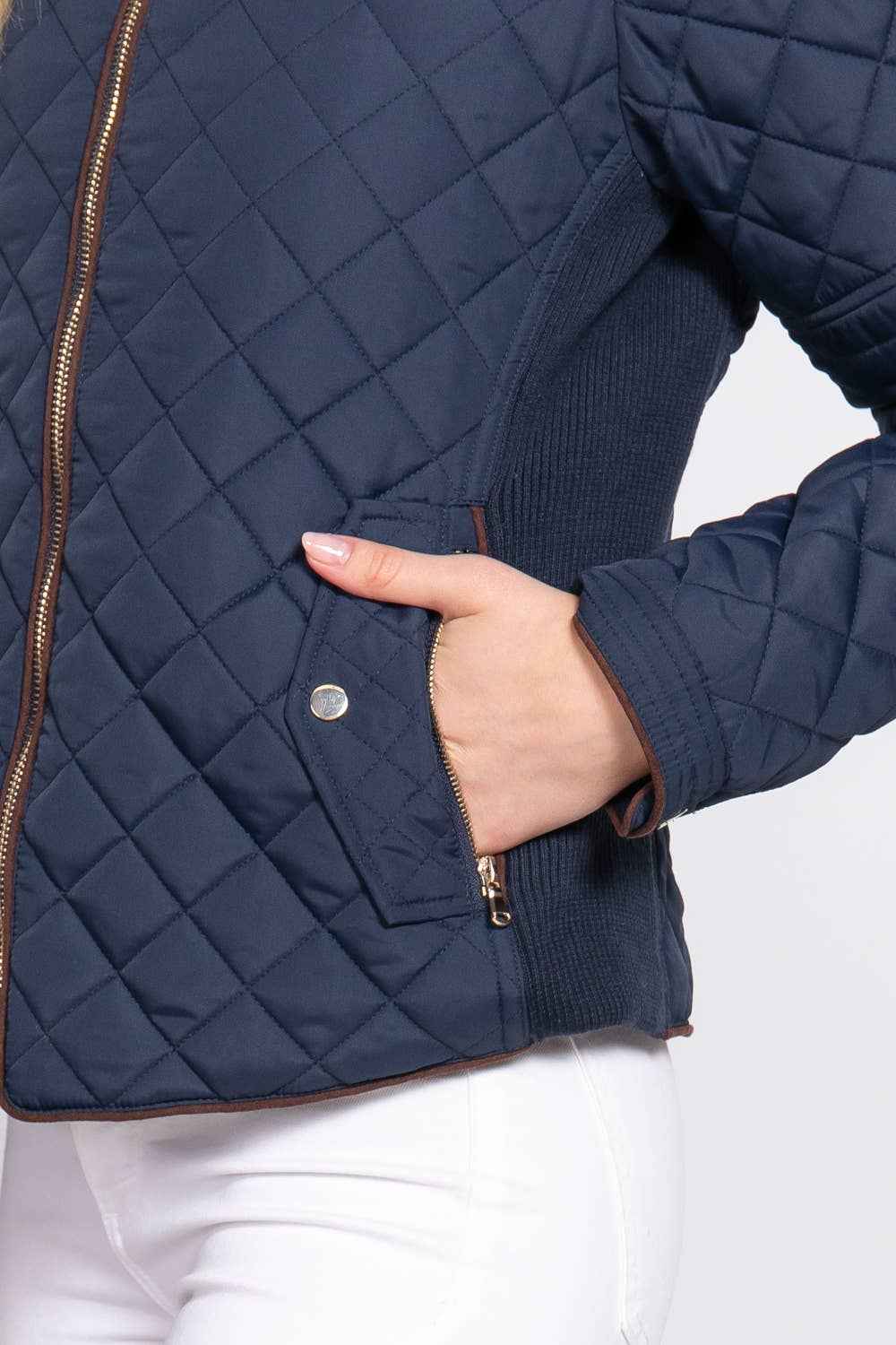 Quilted Jacket with Suede Piping - Caramel
