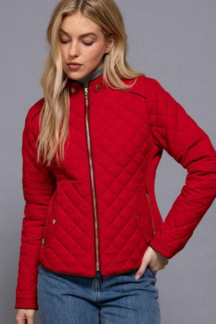 Suede Piping Detail Rib Quilted Padding Jacket : RED-red / M