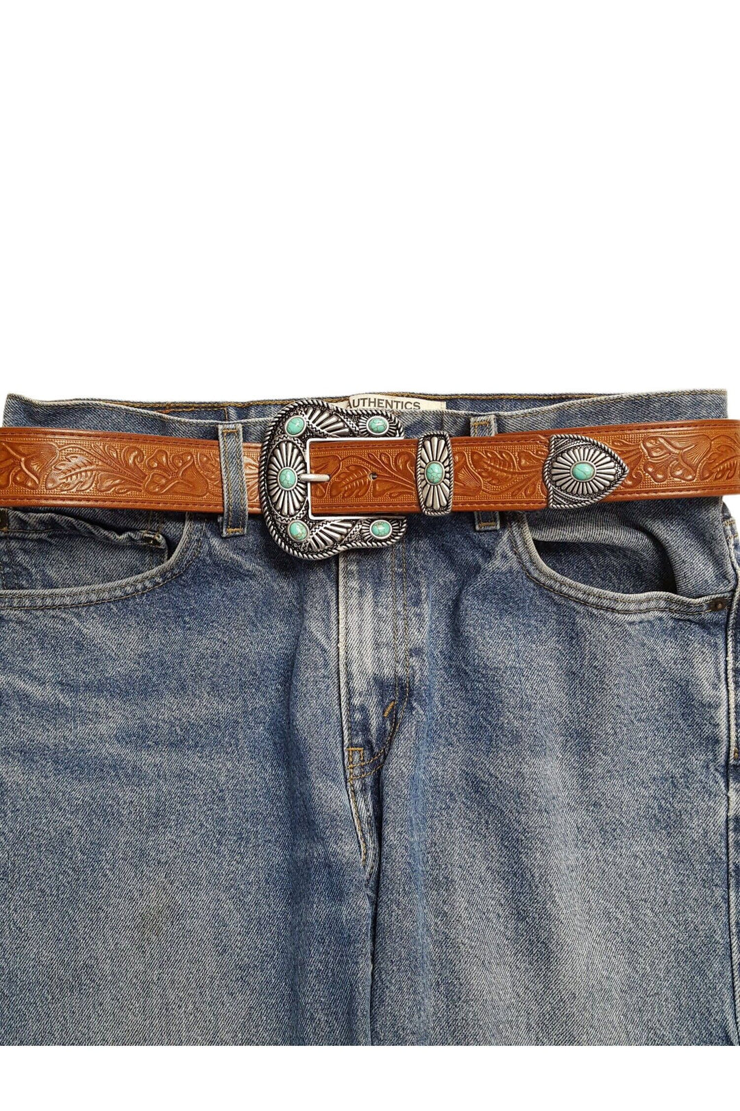Floral tooled western belt: Tan with Turquoise