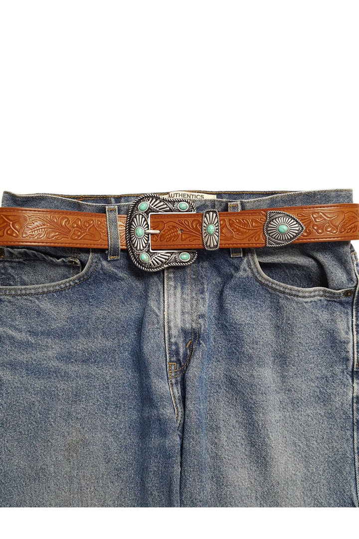 Floral tooled western belt: Tan with Turquoise