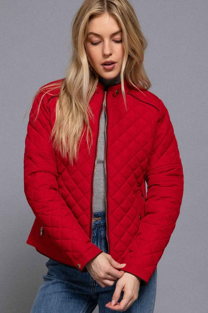 Suede Piping Detail Rib Quilted Padding Jacket : RED-red / M