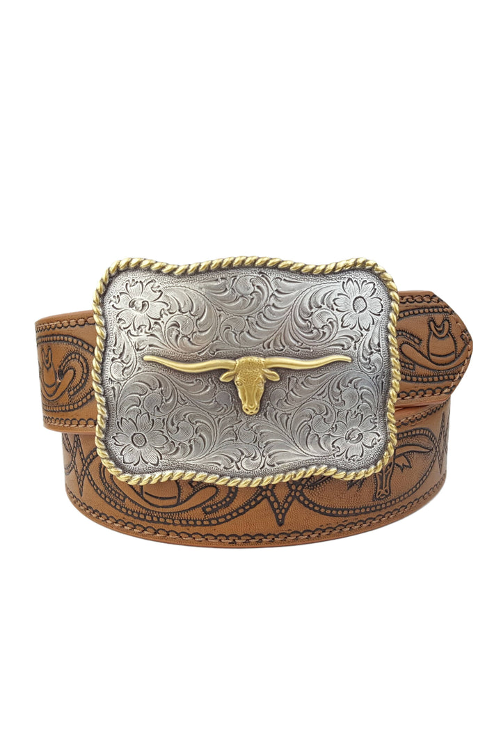 Western Long Horn Buckle with matching tooled belt, Tan