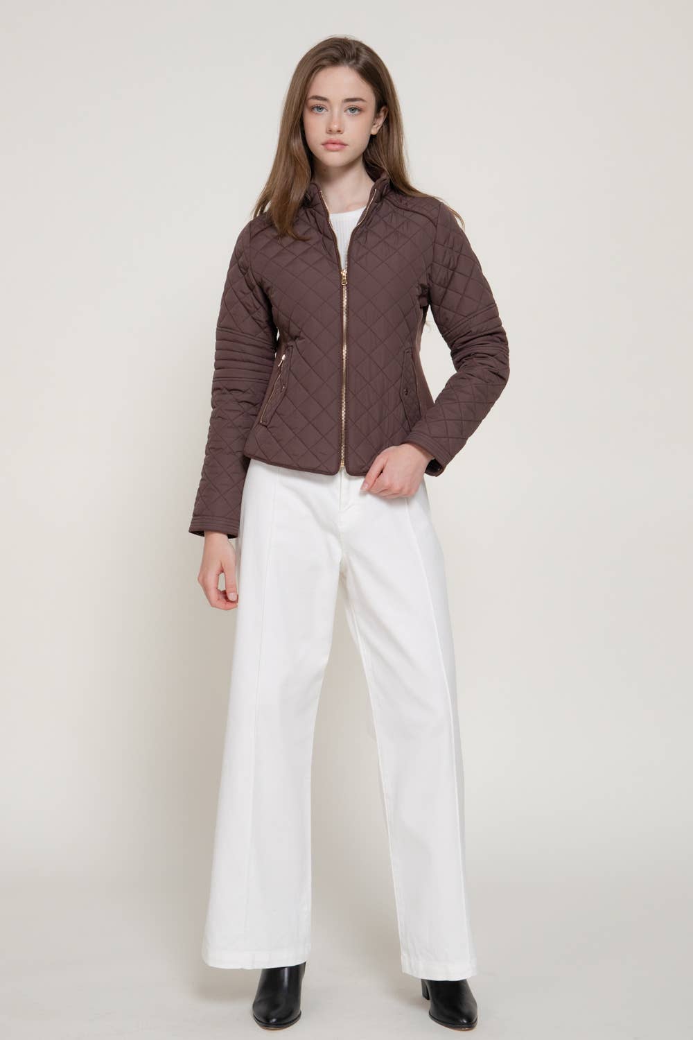 Quilted Jacket with Suede piping - Chocolate