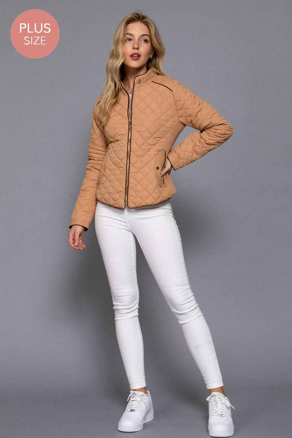 Quilted Jacket with Suede Piping - Caramel