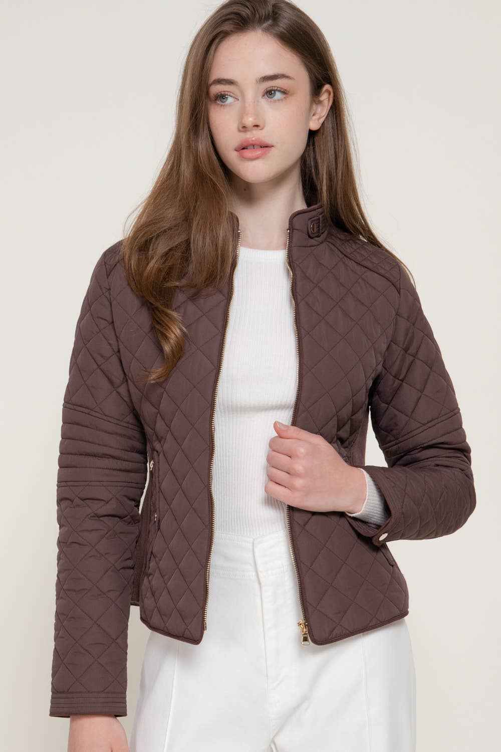 Suede Piping Detail Rib Quilted Padding Jacket : BRN-chocolate / L