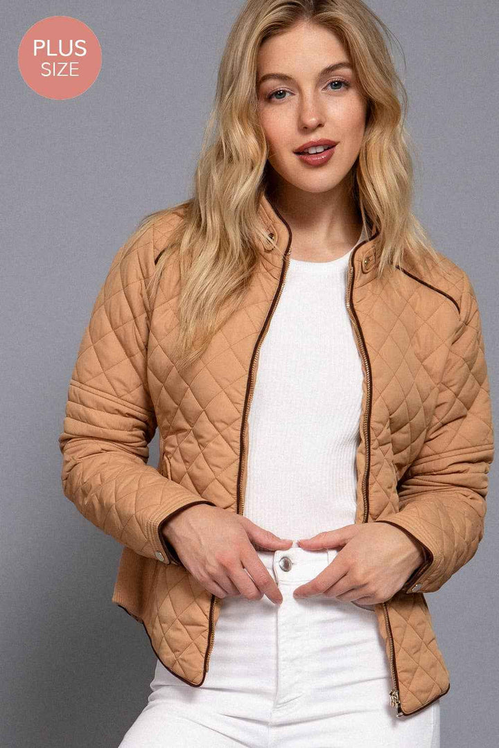 Quilted Jacket with Suede Piping - Caramel