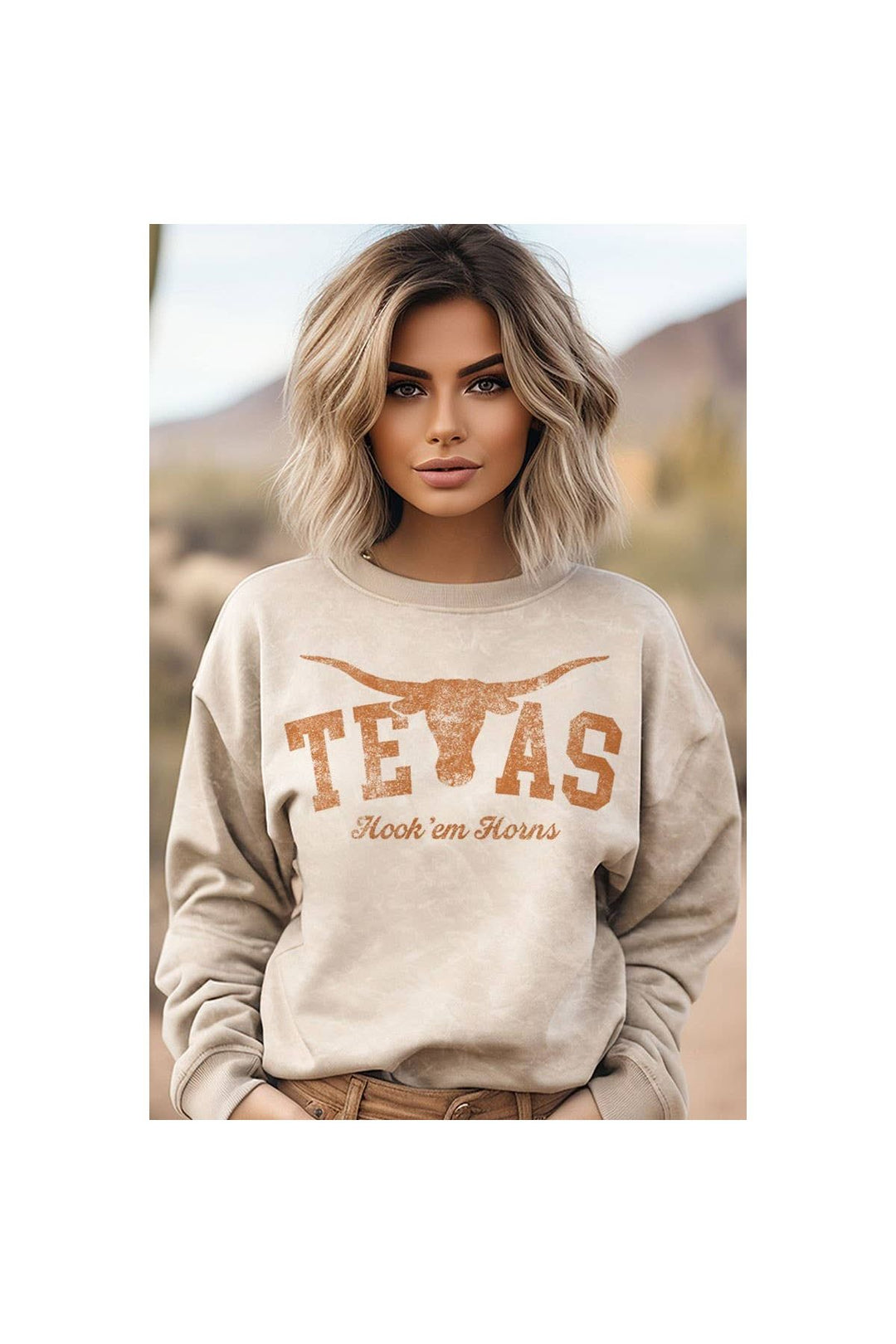 Texas Hook Em Horns, Mineral Graphic Sweatshirt - Mineral Oatmeal