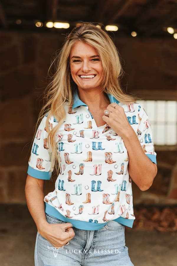 Western Boots Printed Collared Shirt: S