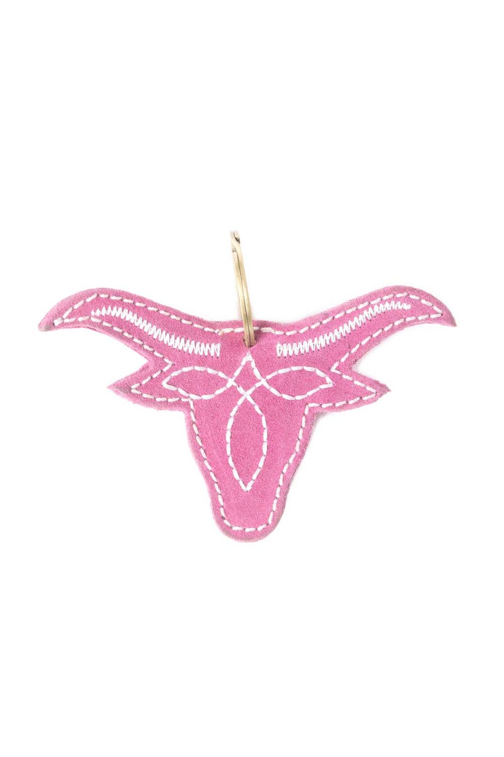 Longhorn Charm Leather Key Fob in Pink