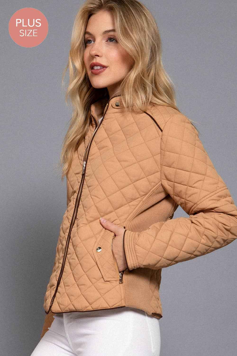 Quilted Jacket with Suede Piping - Caramel