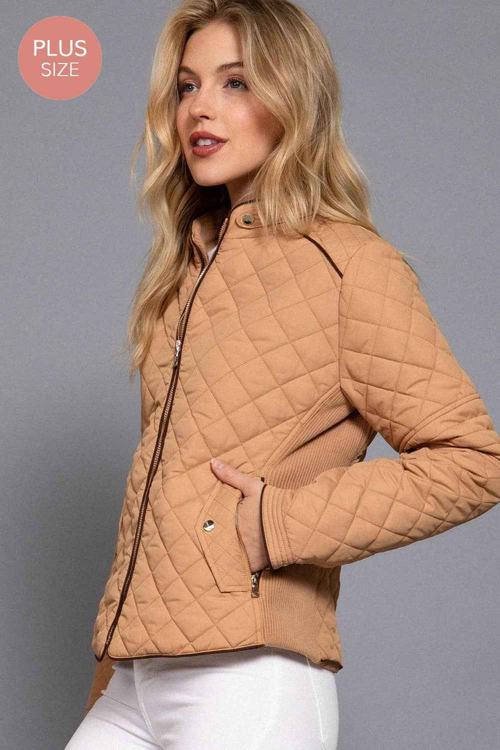 Quilted Jacket with Suede Piping - Caramel