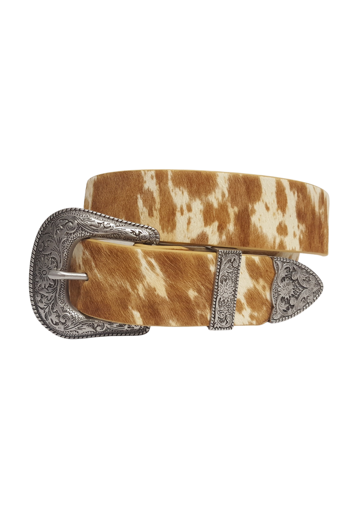 Genuine Brown Cow Hair Leather Belt, Silver Buckle
