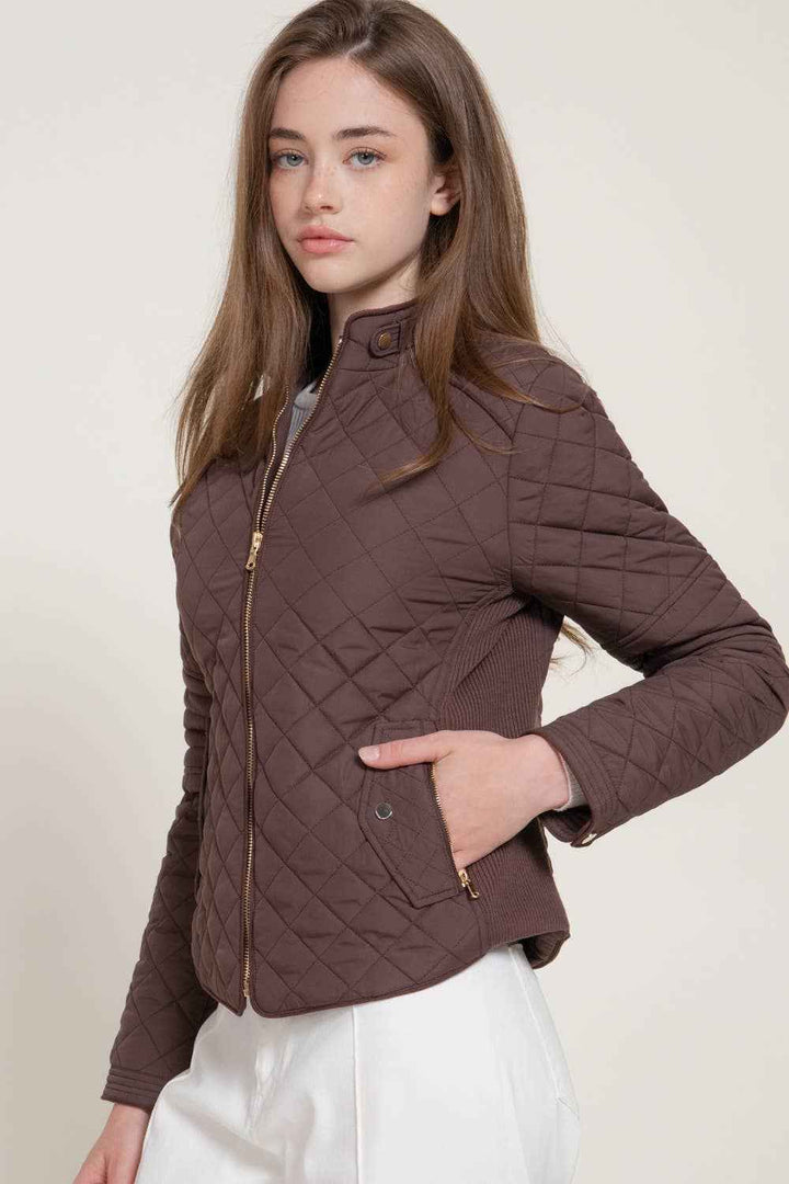 Suede Piping Detail Rib Quilted Padding Jacket : BRN-chocolate / L