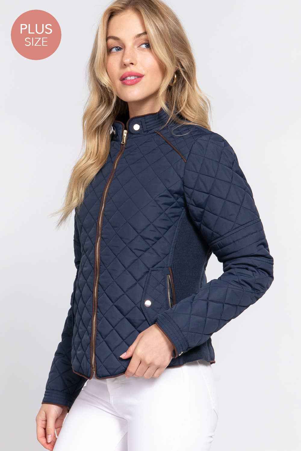 Quilted Jacket with Suede Piping - Caramel
