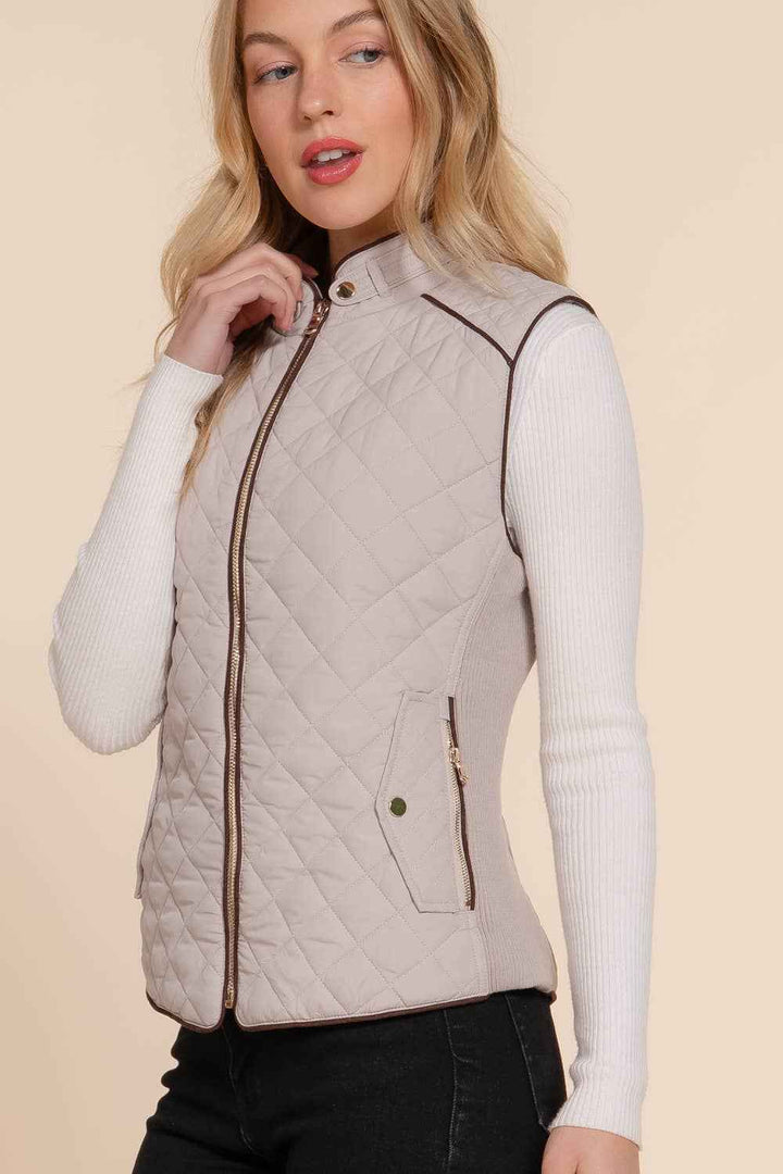 Suede Piping Detail Rib Quilted Padding Vest: TPE-pale taupe / M