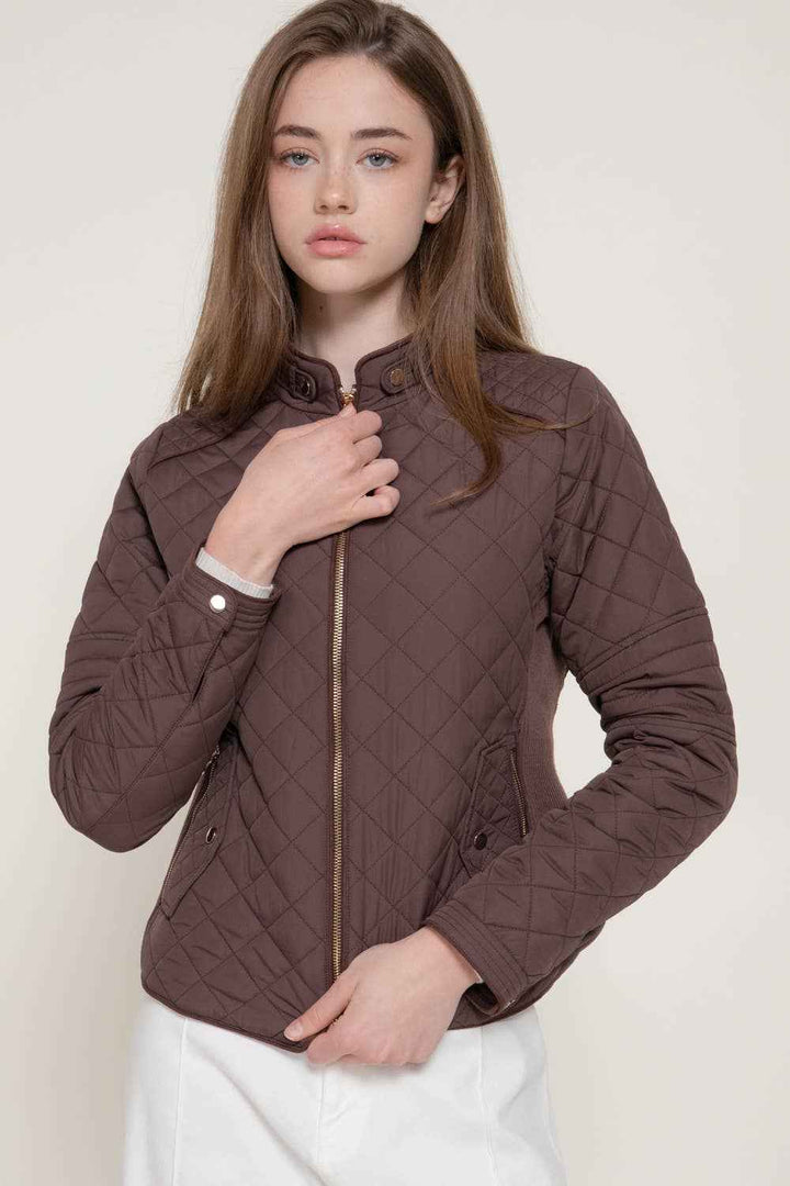Suede Piping Detail Rib Quilted Padding Jacket : BRN-chocolate / L