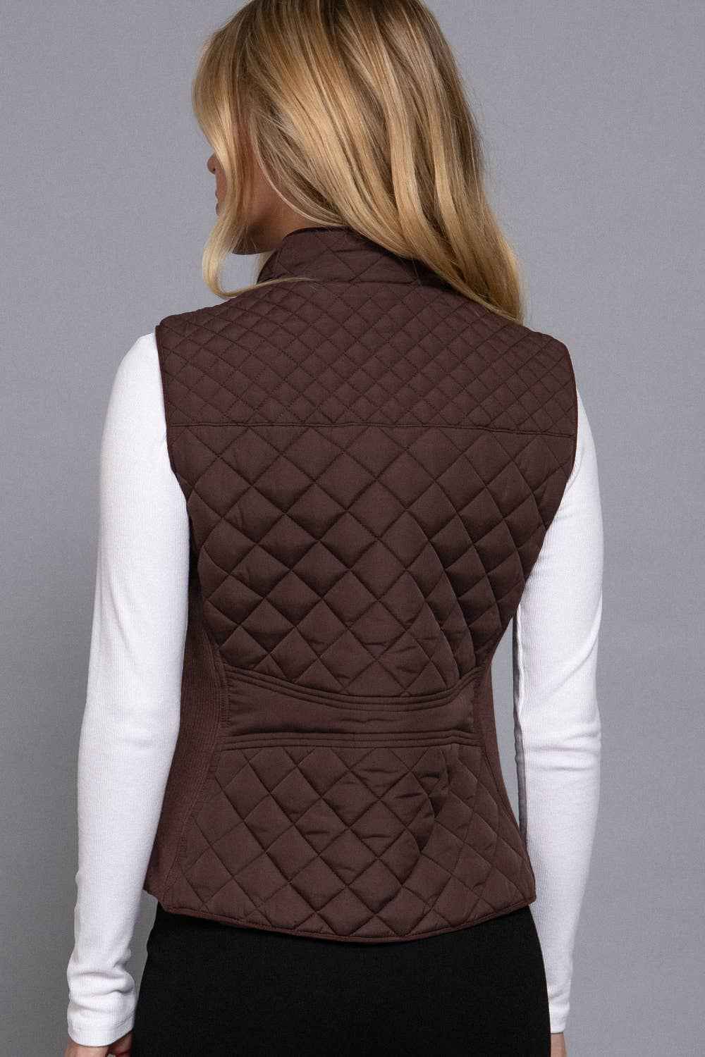Suede Piping Detail Rib Quilted Padding Vest: BRN-chocolate / L
