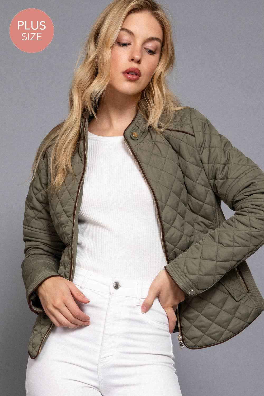 Quilted Jacket with Suede Piping - Caramel