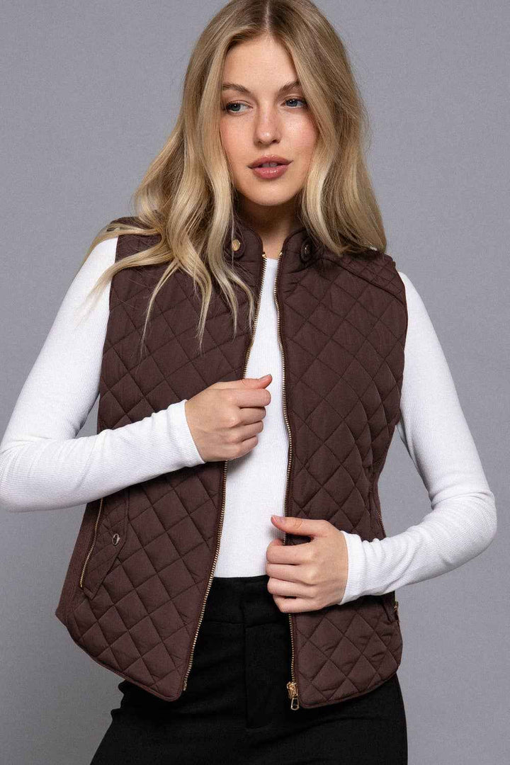 Suede Piping Detail Rib Quilted Padding Vest: BRN-chocolate / L