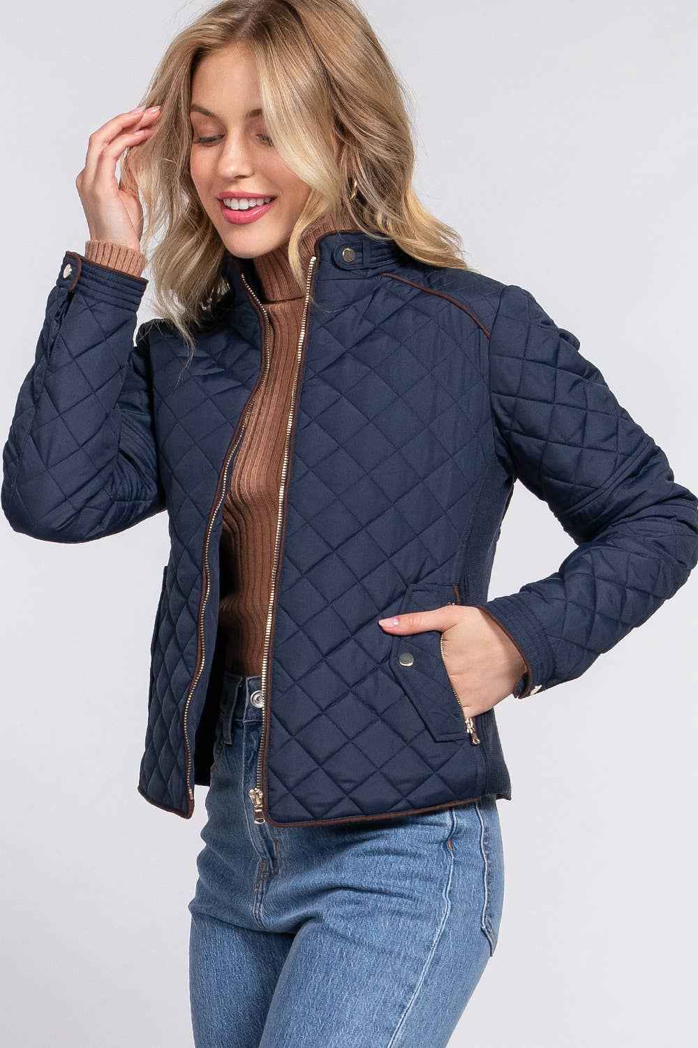 Suede Piping Detail Rib Quilted Padding Jacket : NVY-navy / S