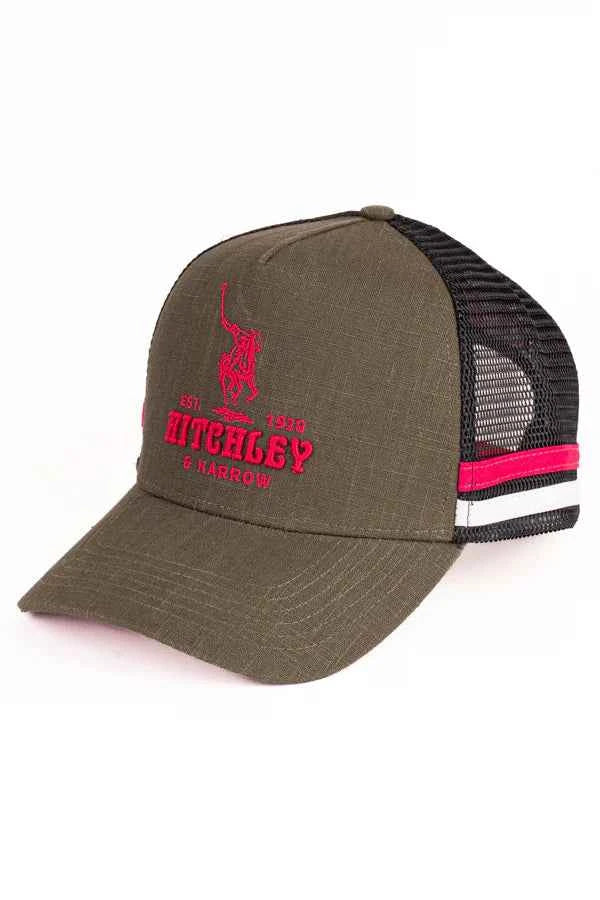 Hitchley & Harrow Trucker Cap - Dark Olive, Black & Hot Pink