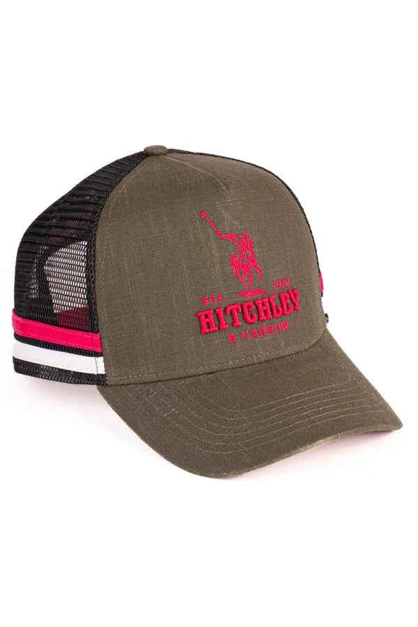 Hitchley & Harrow Trucker Cap - Dark Olive, Black & Hot Pink