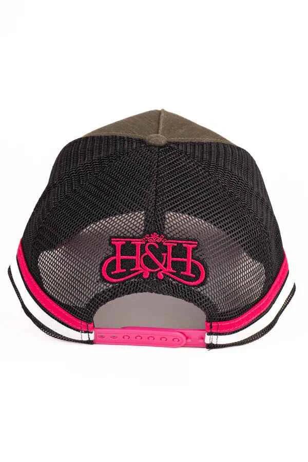 Hitchley & Harrow Trucker Cap - Dark Olive, Black & Hot Pink