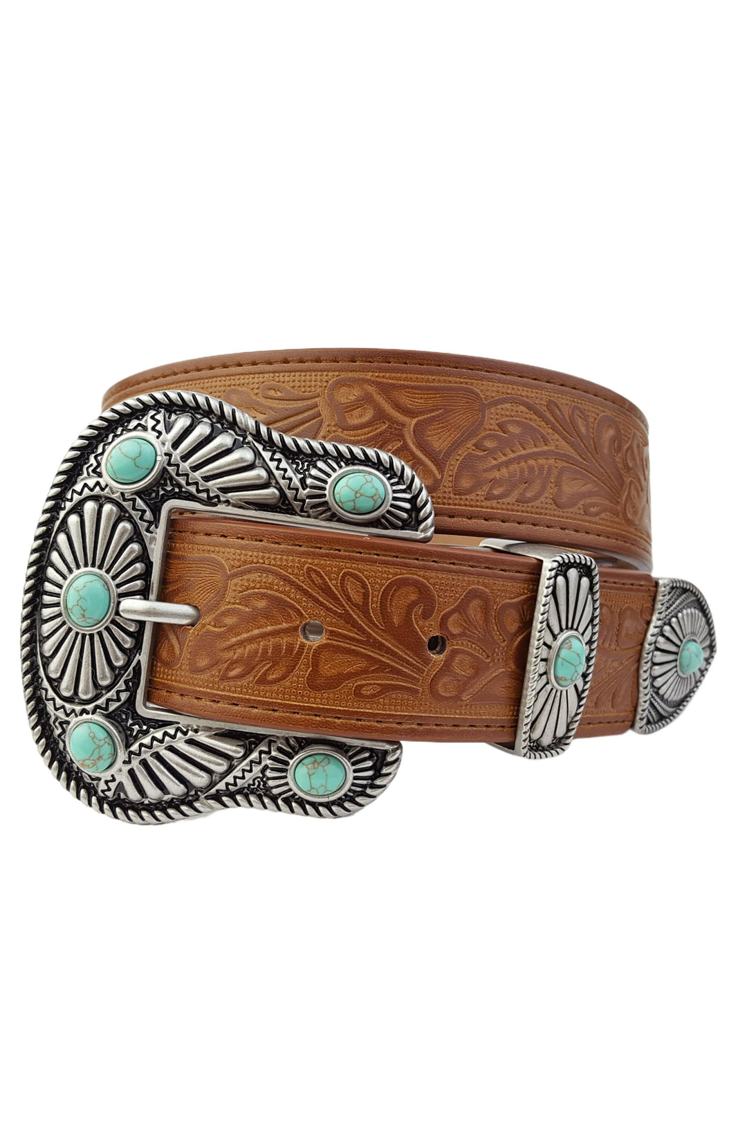 Floral tooled western belt: Tan with Turquoise