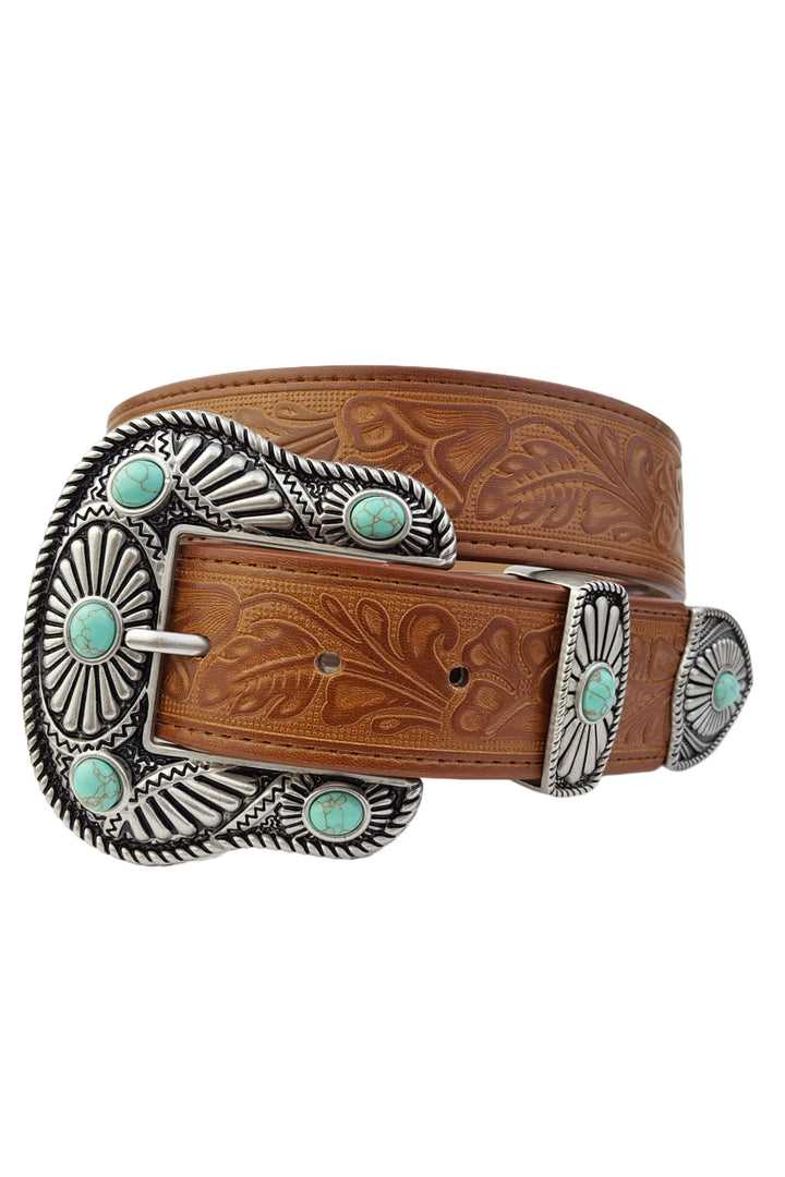 Floral tooled western belt: Tan with Turquoise