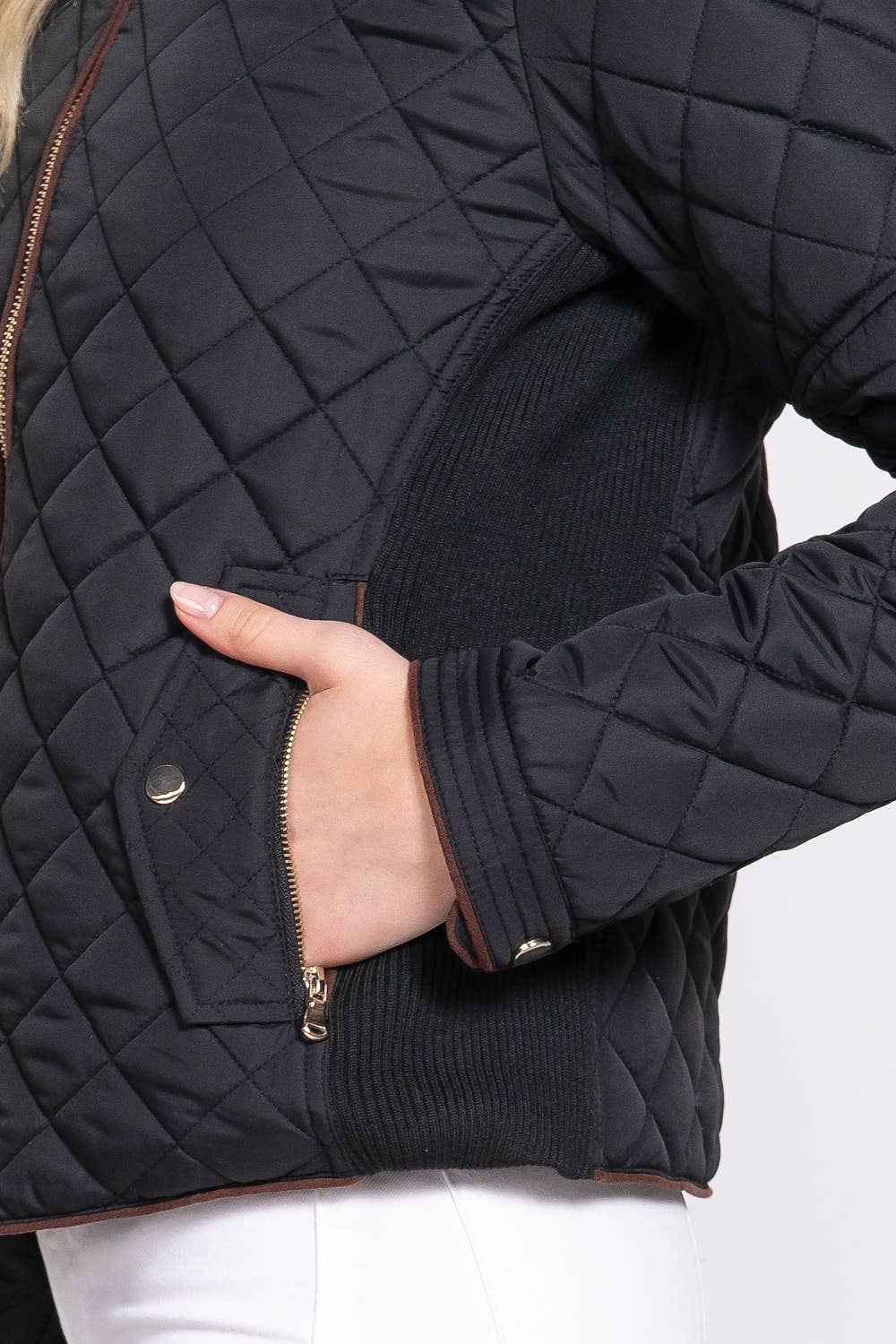 Quilted Jacket with Suede Piping - Caramel