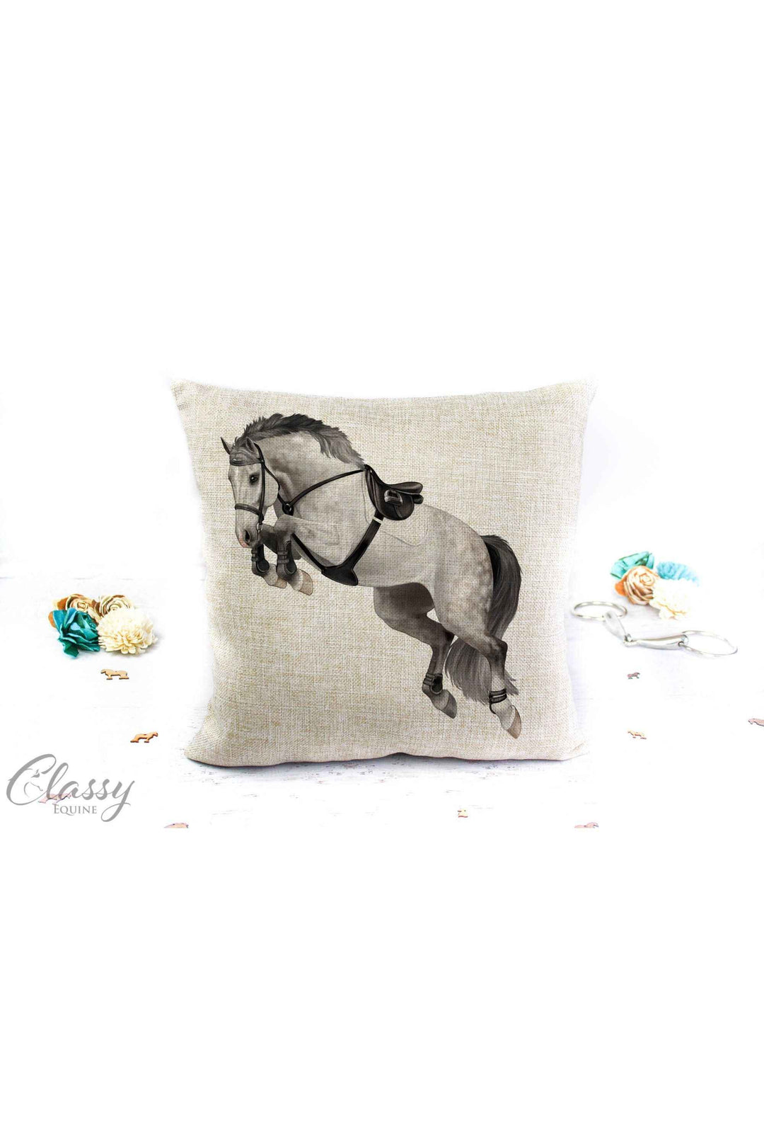 Jumping Horse Pillow Cover - Hunter Jumper Equestrian Decor: Dapple Gray