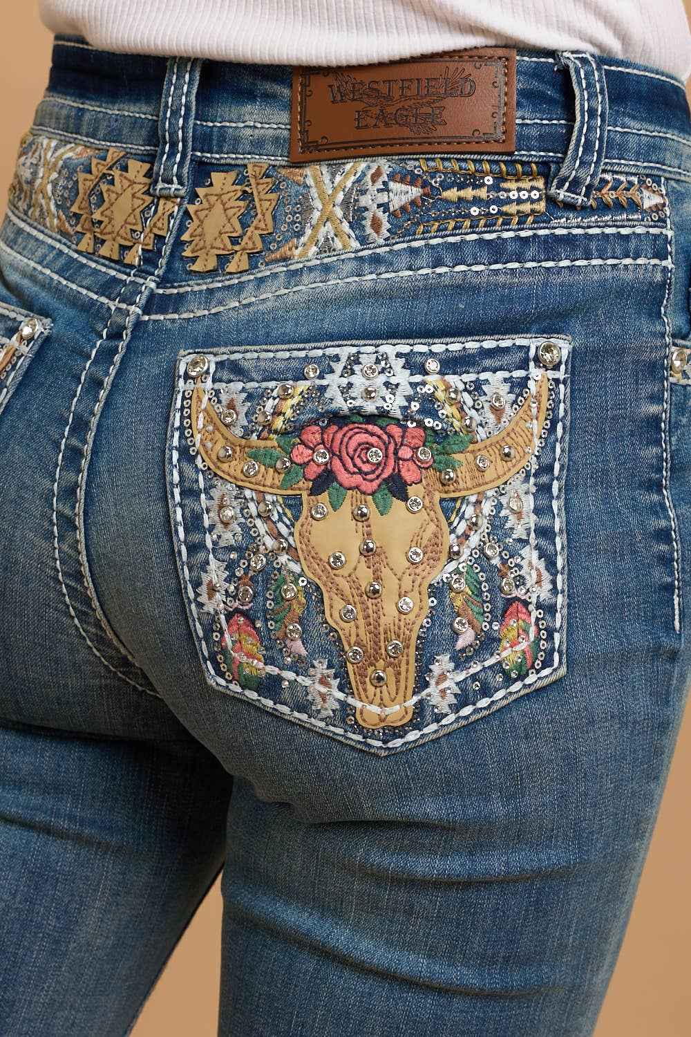 WT-788 MID SAND STRETCHY WOMEN'S BLING JEANS WESTFIELD EAGLE: MID SAND WASH / 1